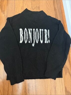 French Parisian 'BONJOUR!' Knit Sweater Minimalist Chic Winter Mock Turtleneck